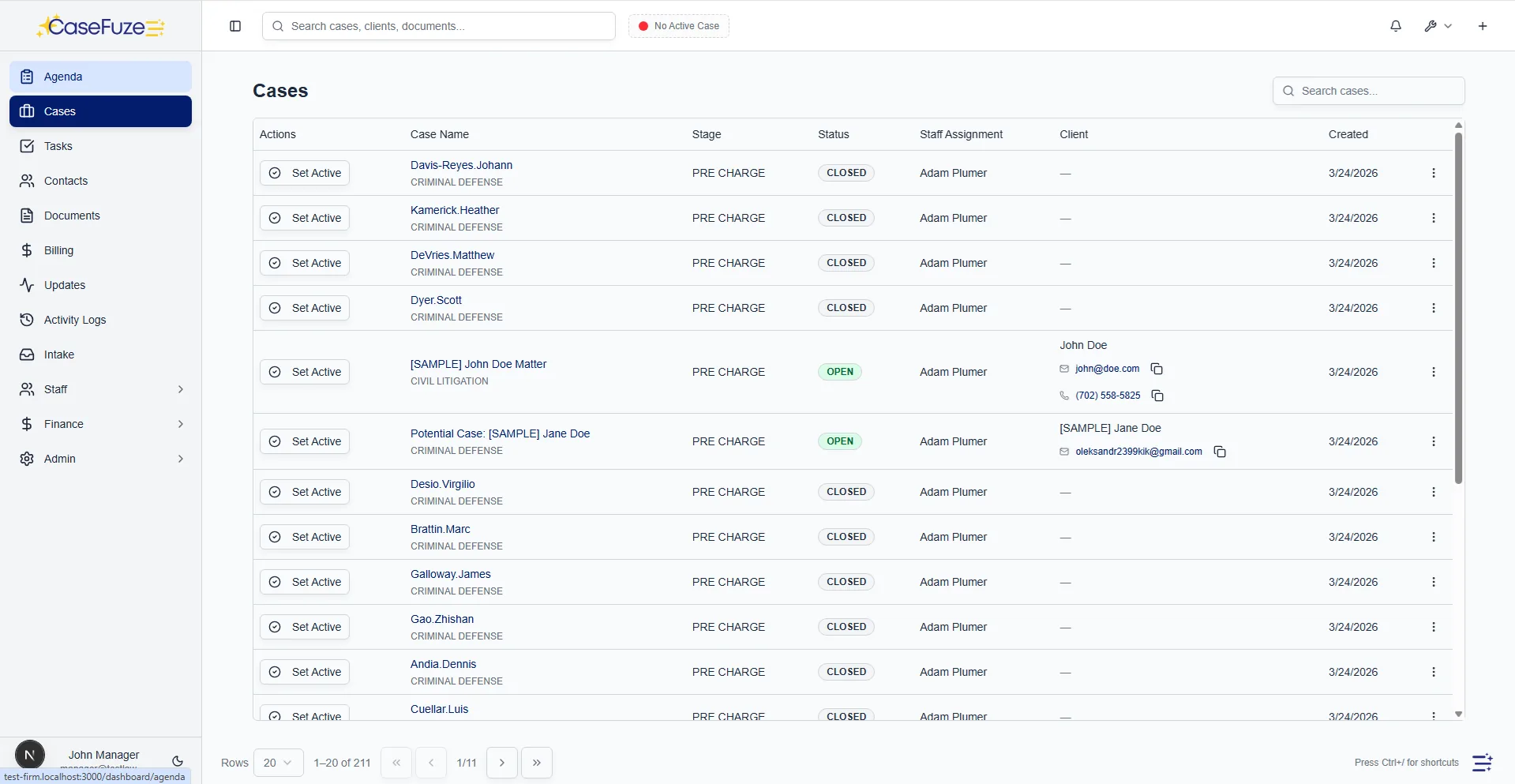 Caseload view in CaseFuze showing open matters by stage across a practice