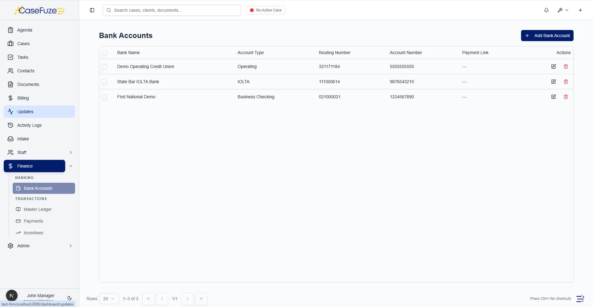 Connected bank accounts in CaseFuze showing a read-only trust account feed keeping book and bank in step