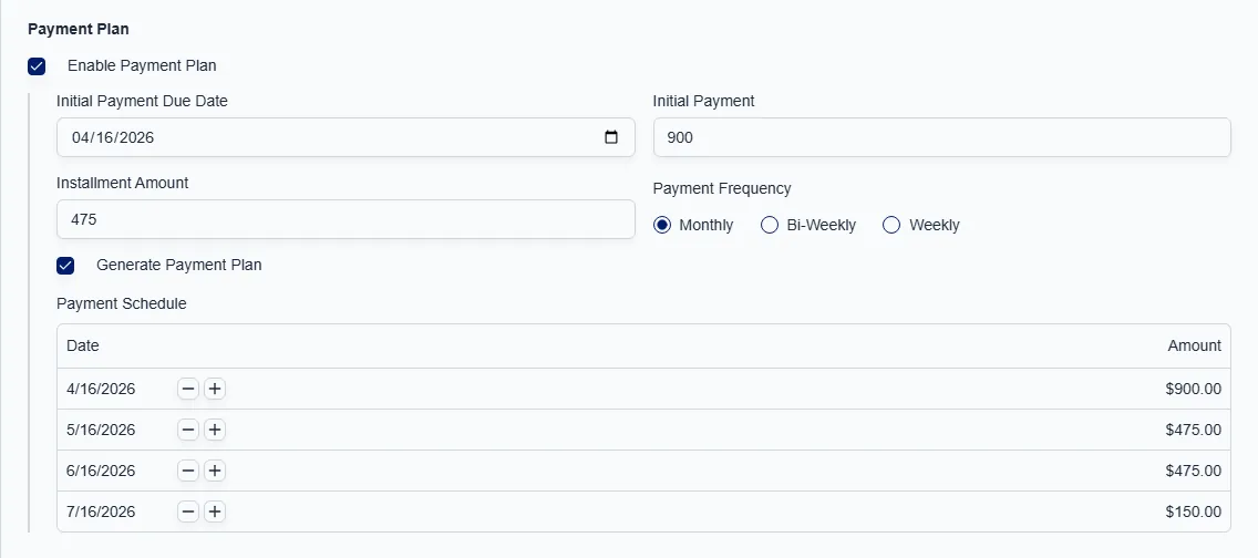 Payment plan management in CaseFuze showing installment schedules across client matters