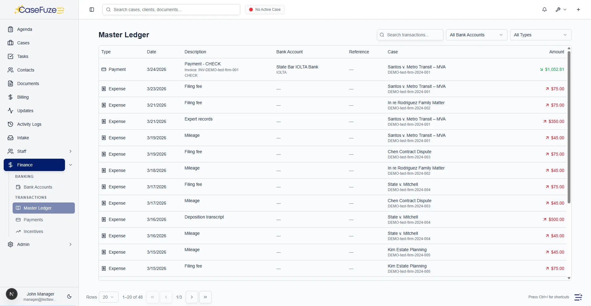 Client trust ledger in CaseFuze showing individual balances and transaction history after migration